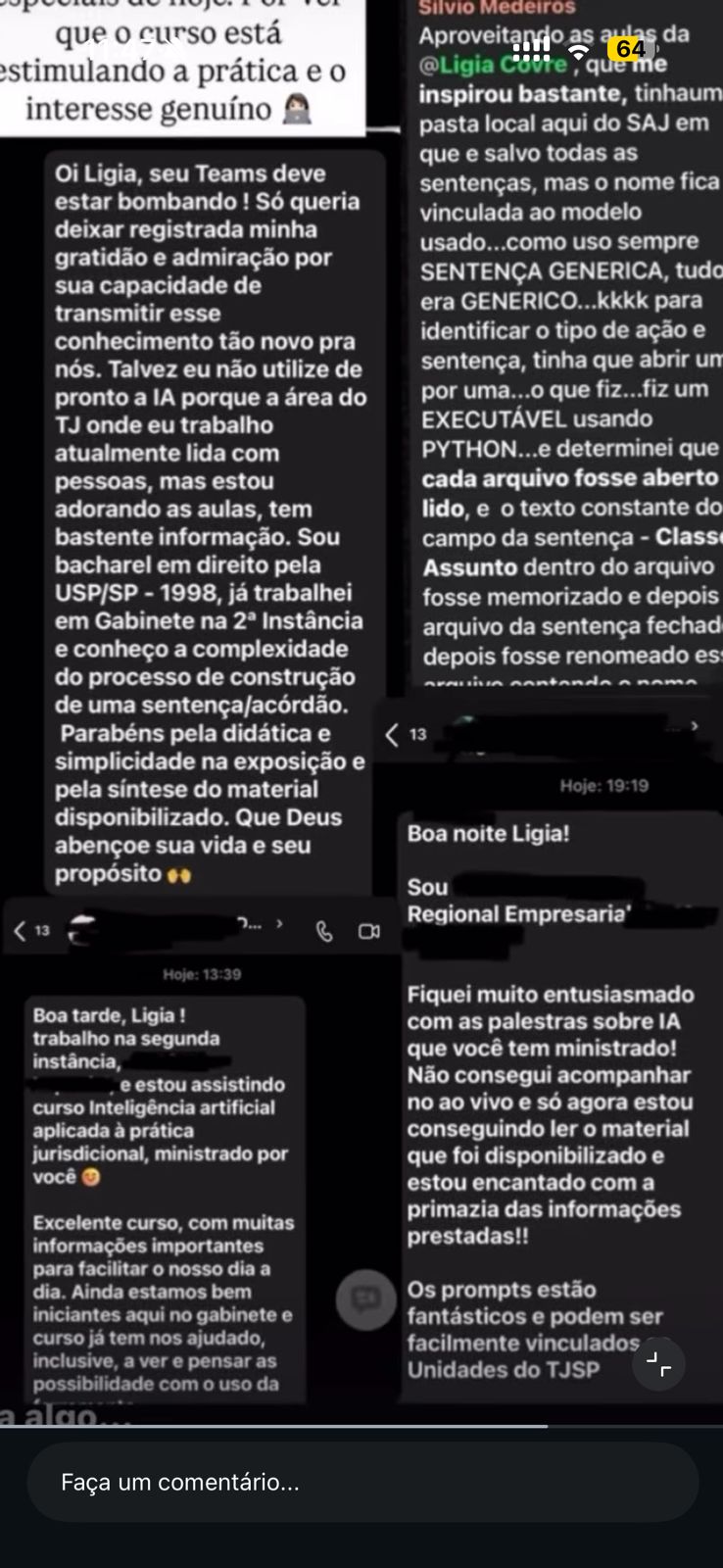 Comentário de profissional do Direito sobre as aulas da Lígia Covre