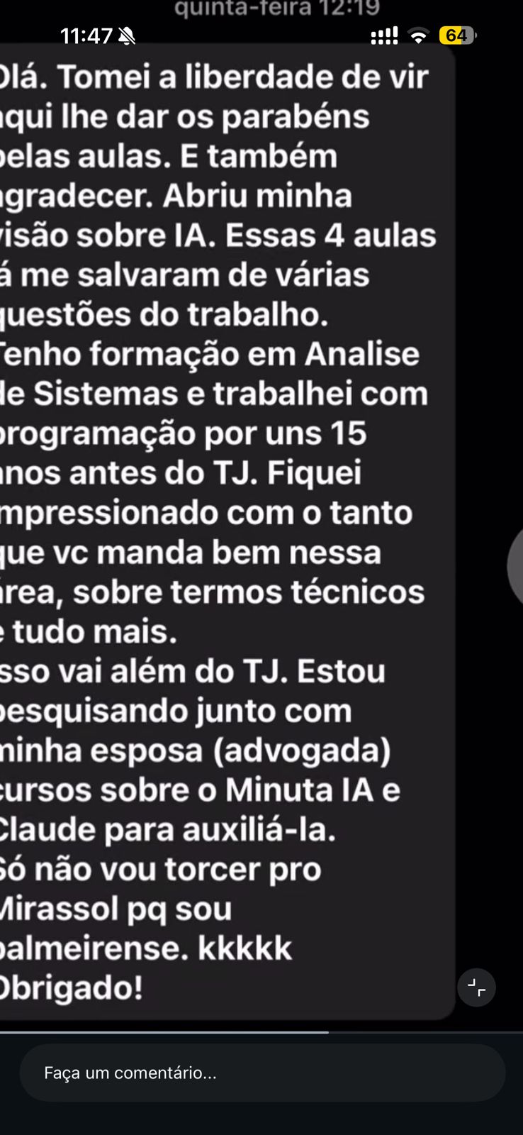 Comentário de profissional do Direito sobre as aulas da Lígia Covre