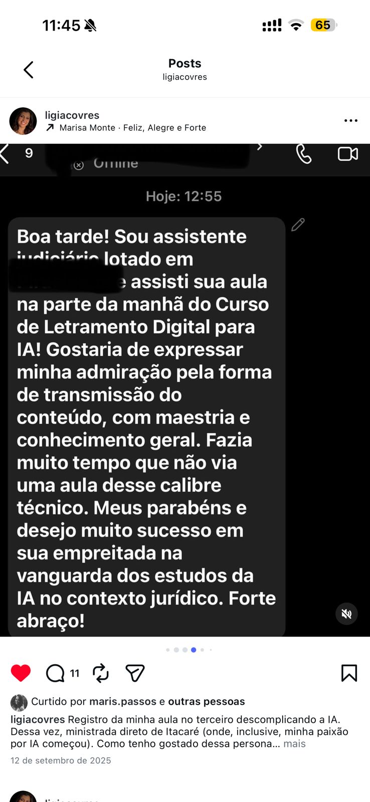 Comentário de profissional do Direito sobre as aulas da Lígia Covre